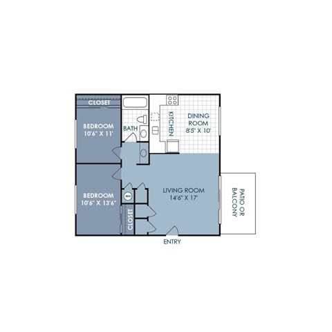 Floor plan for 2 beds, 1 bath, 896 sqft